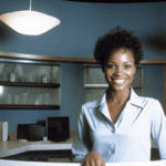 A welcoming receptionist at a desk in a professional office environment