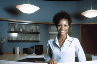 A welcoming receptionist at a desk in a professional office environment