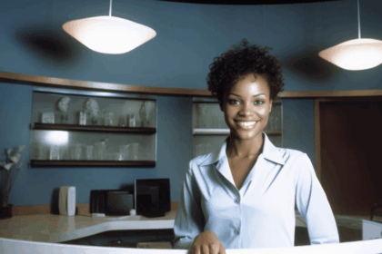 A welcoming receptionist at a desk in a professional office environment