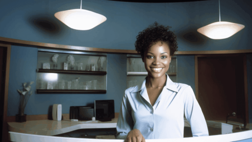 A welcoming receptionist at a desk in a professional office environment