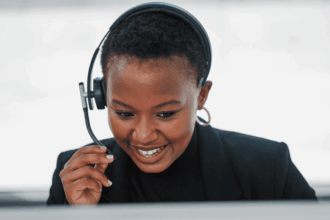 Call Centre Agent working on a headset at Mr Price Money