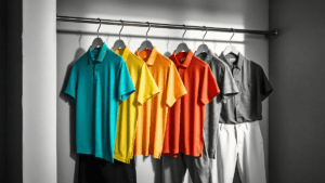 Polo shirts or casual button-downs, paired with comfortable chinos or khakis