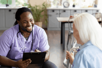 Social Worker counseling patient in a healthcare setting