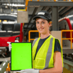 Train conductor assisting passengers onboard