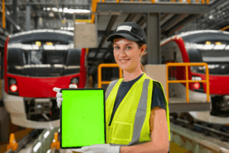 Train conductor assisting passengers onboard