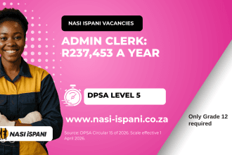 Graphic reading Admin clerk R237,453 a year, DPSA Level 5, only Grade 12 required, sourced from DPSA Circular 15 of 2026
