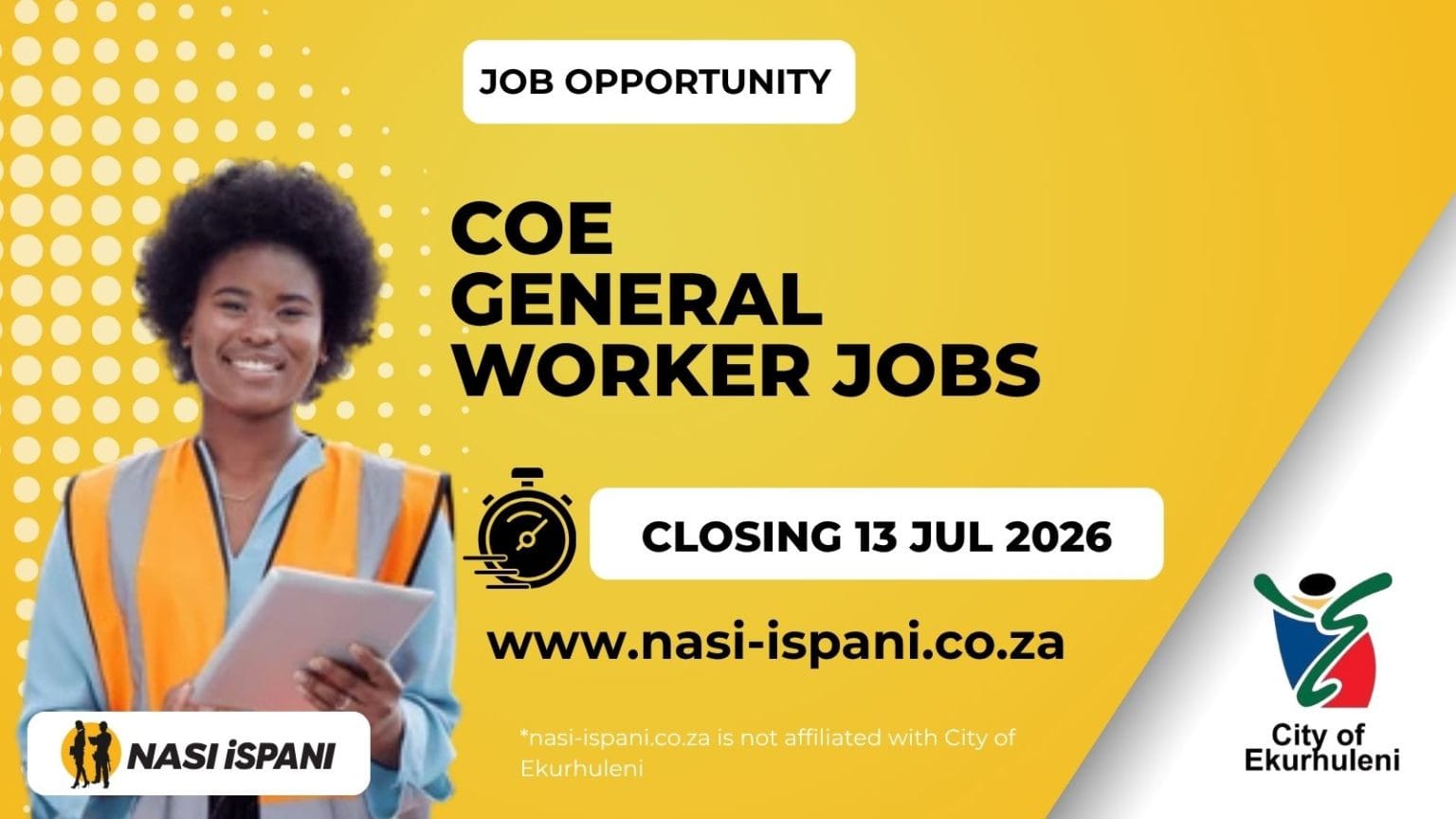 City of Ekurhuleni General Worker Jobs 2026: Up to R233,376/Year