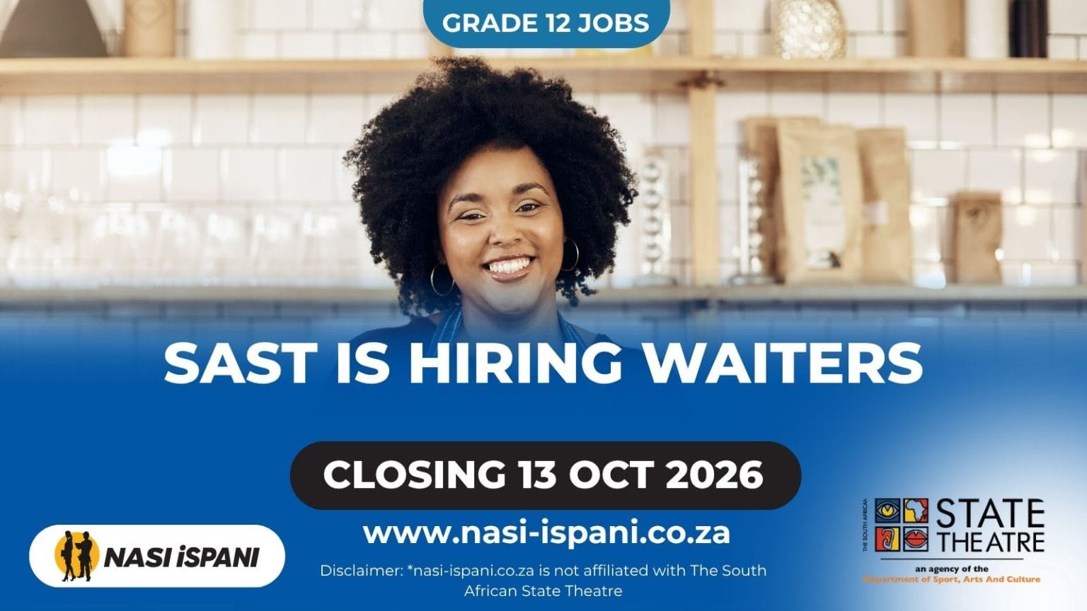 South African State Theatre Waiter Jobs 2026: 10 Posts, Matric, Closes 13 October