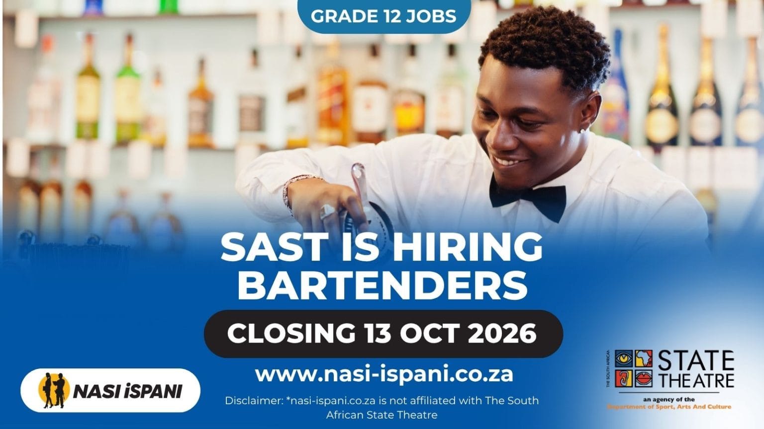 South African State Theatre Bartender Jobs 2026: 15 Posts, Matric, Closes 13 October