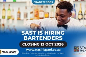 South African State Theatre Bartender Jobs 2026: 15 Posts, Matric, Closes 13 October