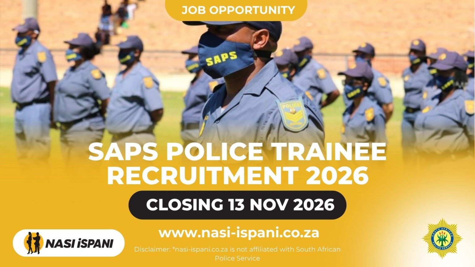 SAPS Police Trainee Recruitment 2026: R5,000/Month, Closes 13 November
