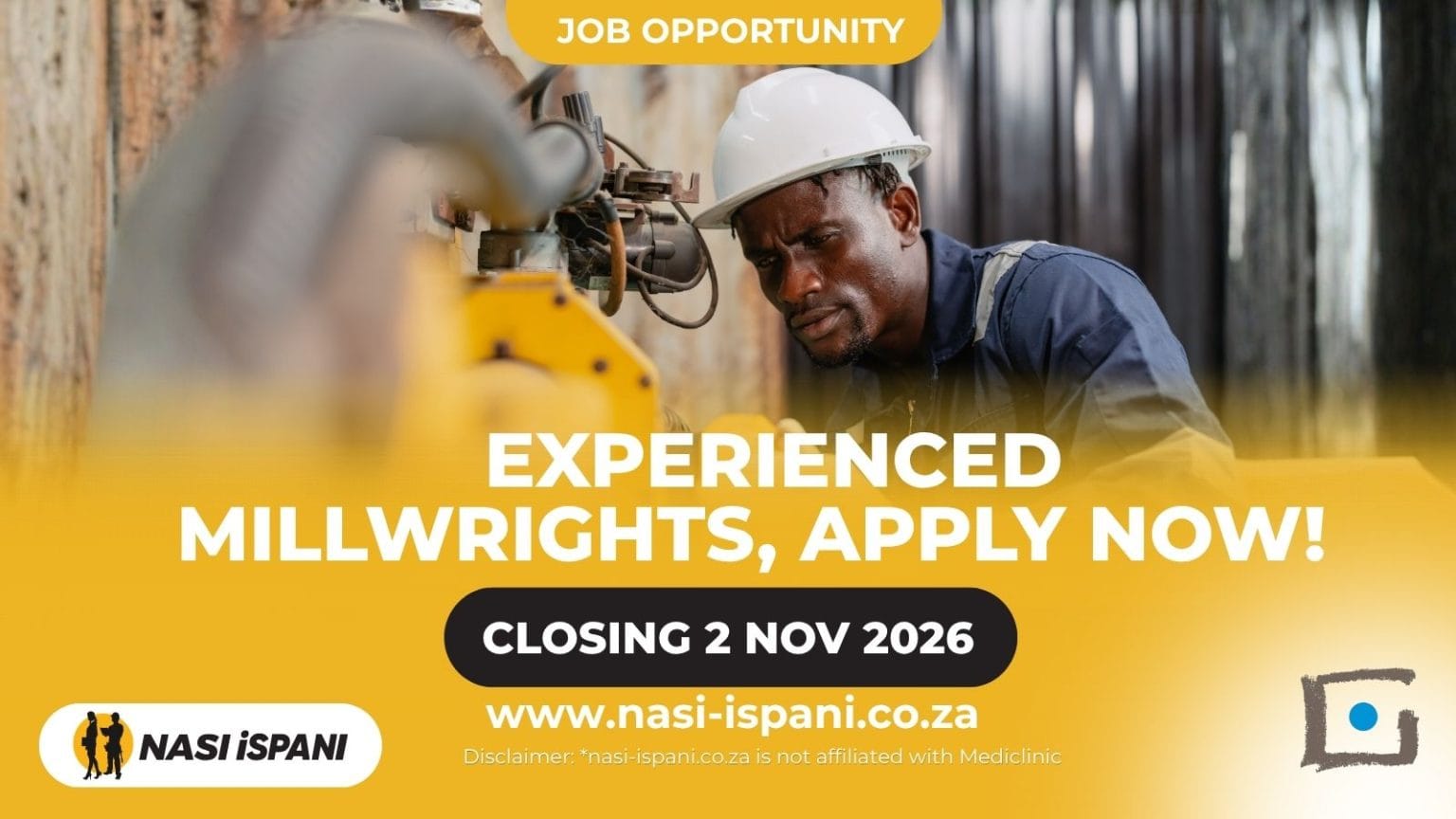Mediclinic Millwright Vacancy 2026: 5+ Years’ Experience, Closes 2 November