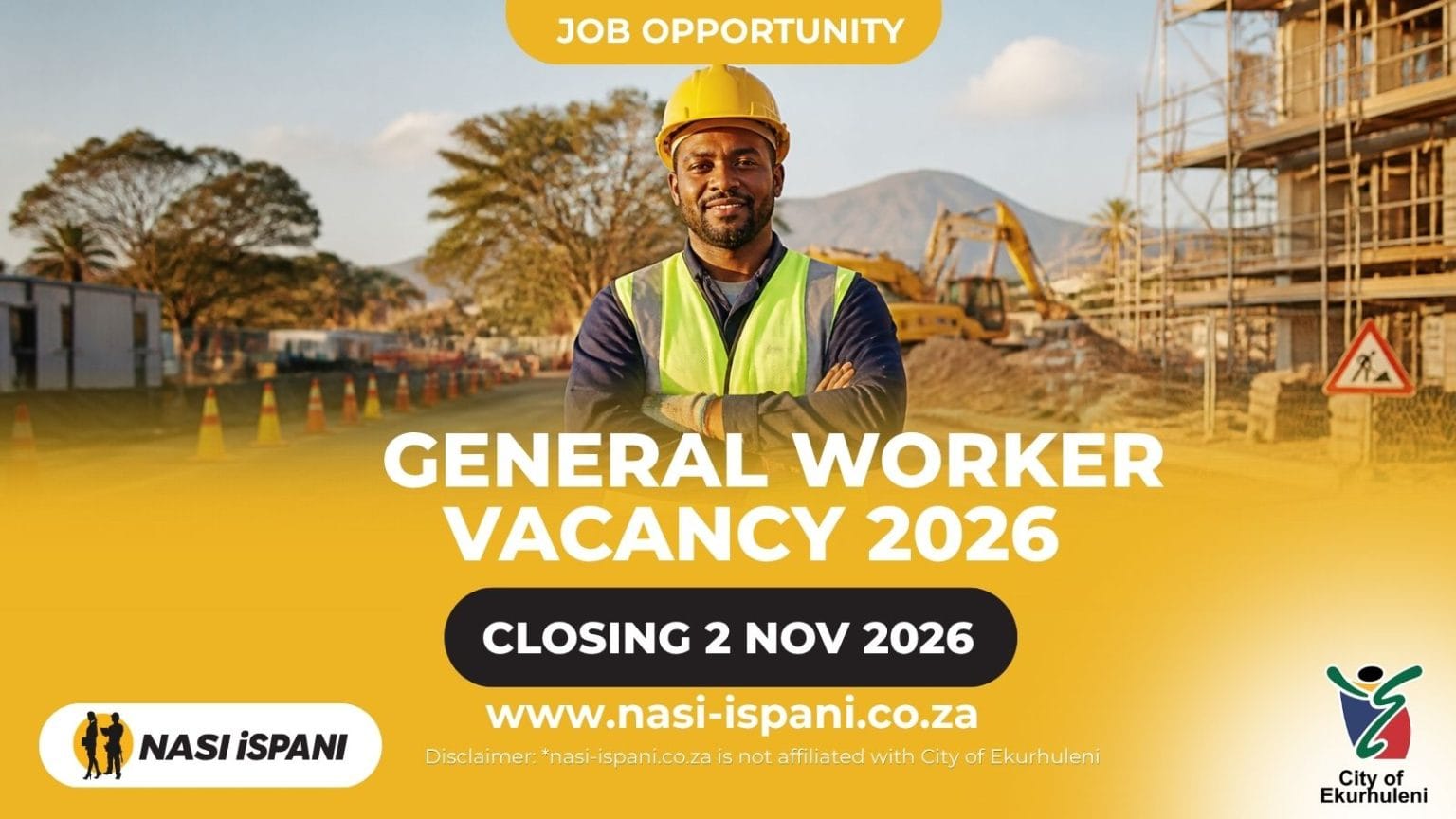 City of Ekurhuleni General Worker Job 2026: Up to R244,464/Year, Closes 2 November